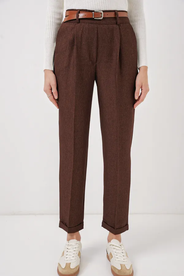6686 Women's Pleated Belted Fabric Trousers - Brown