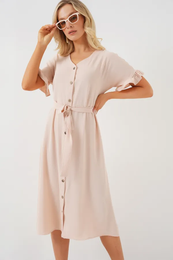 Women's Short Sleeve Buttoned Dress 2555 - Cream