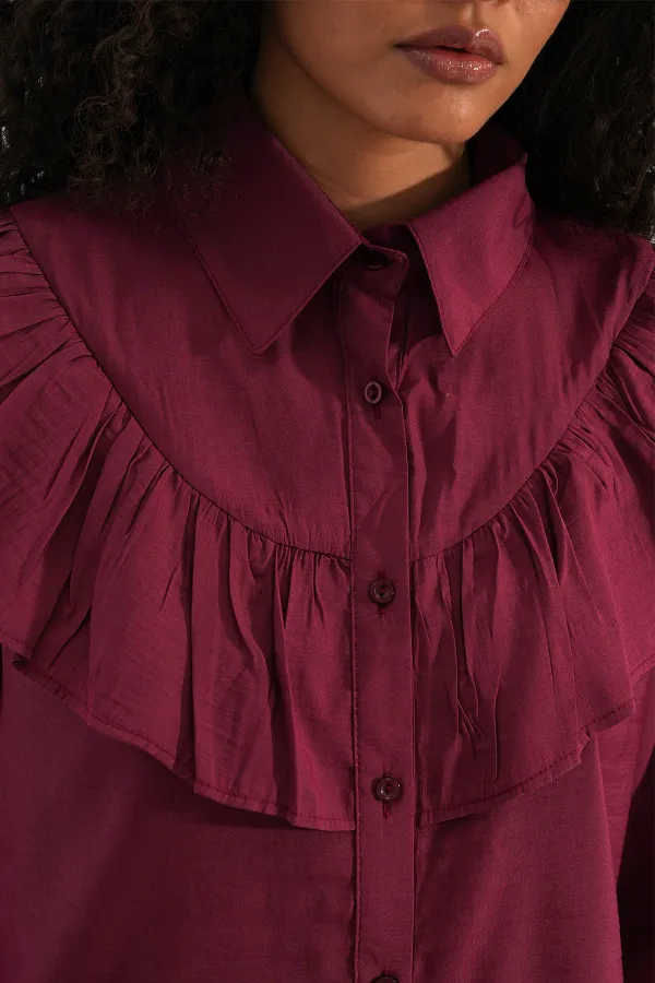 Women's Ruffle Detail Shirt Tunic 5994 - Burgundy