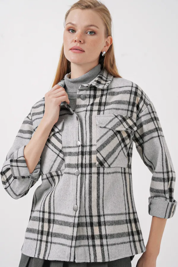 3854 Plaid Pattern Double Pocket Shirt - Light Gray