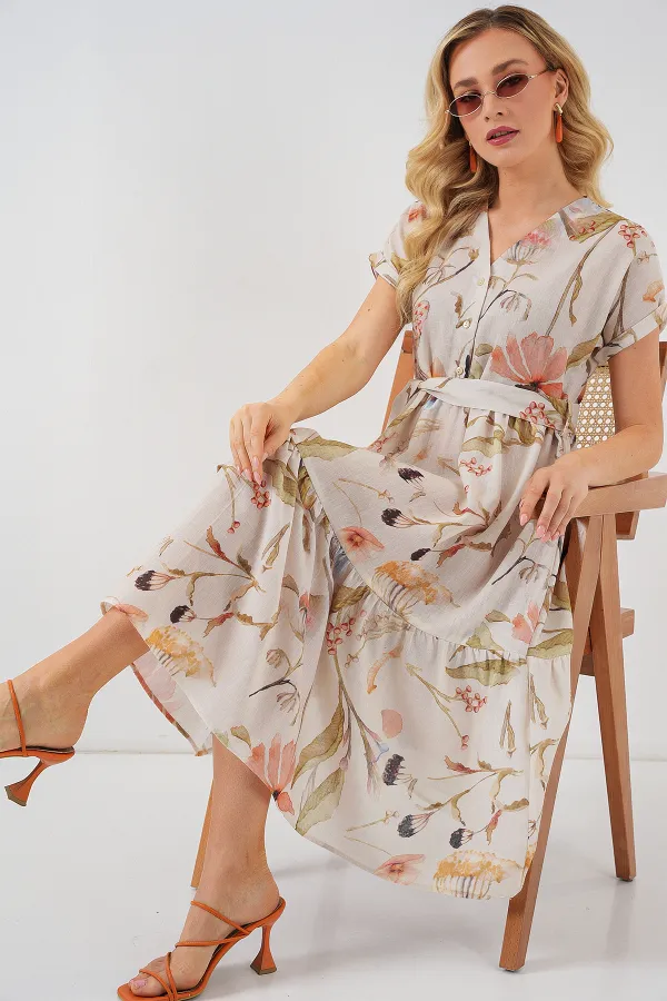 Kadın Desenli Kısa Kol Elbise 2558 - Krem