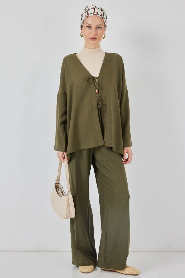 Kadın Keten Kimono İkili Takım 6727 - Haki
