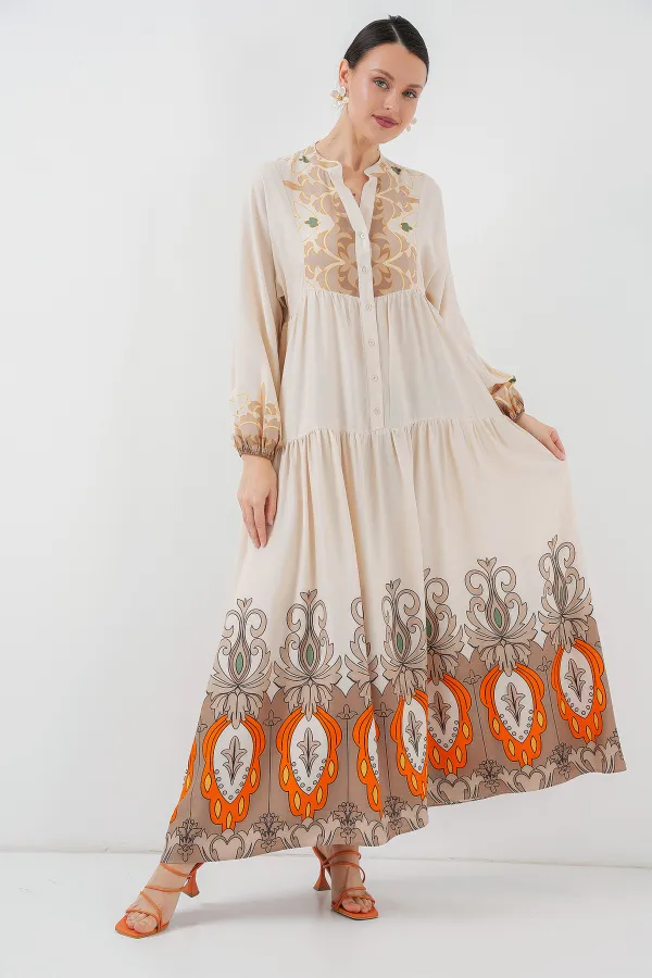 2423 Otantik Desenli Tesettür Elbise - T. Ekru