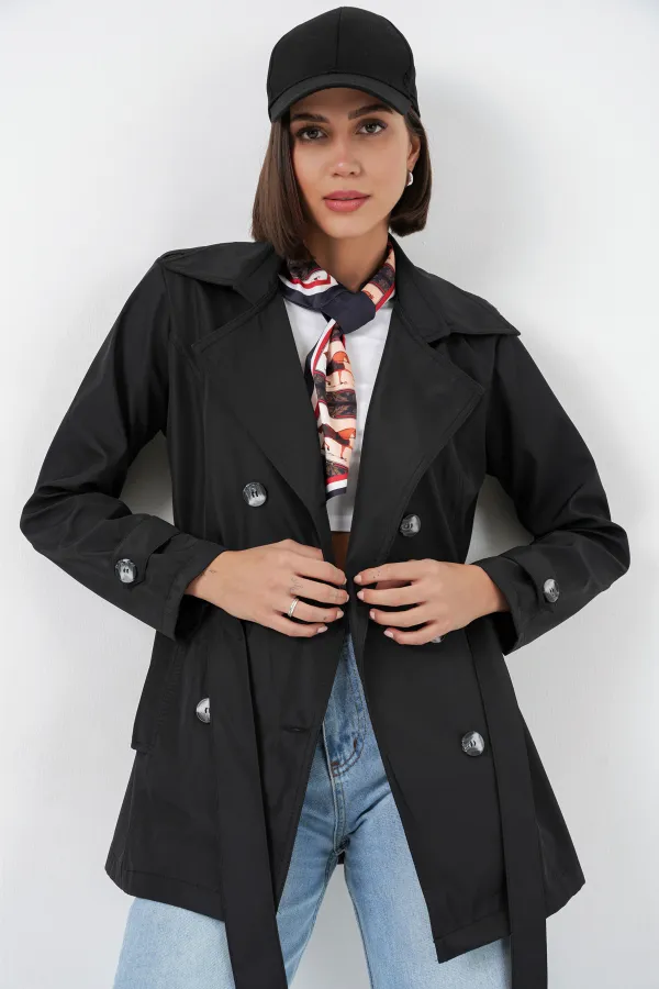 Women's Belted Short Trench Coat 5982 - Black Women's Belted Short Trench Coat 5982 - Black