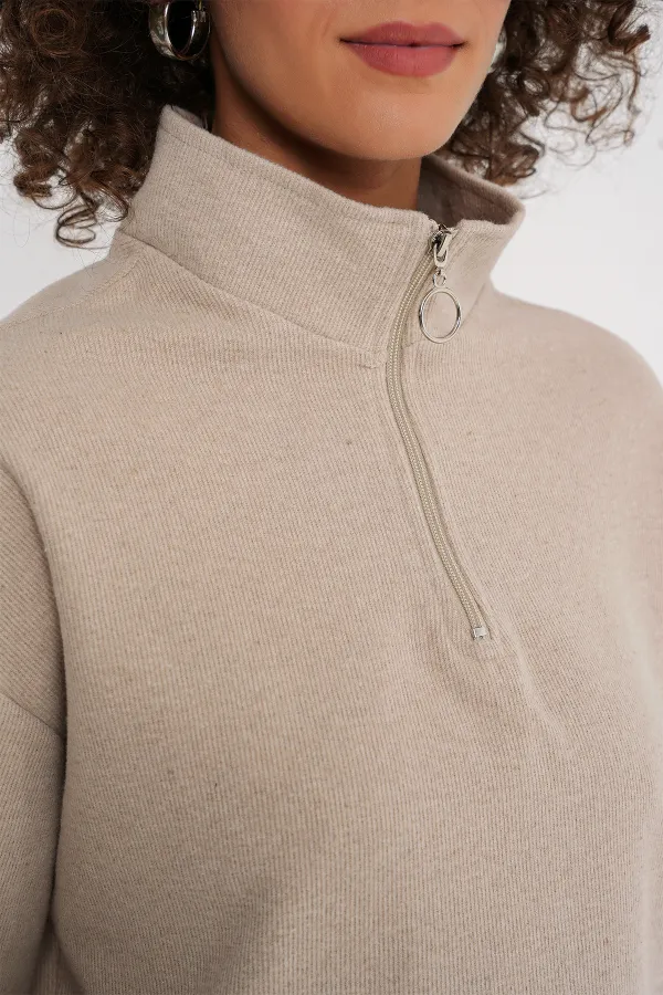 55449 Zippered Collar Knitted Sweatshirt - Cream