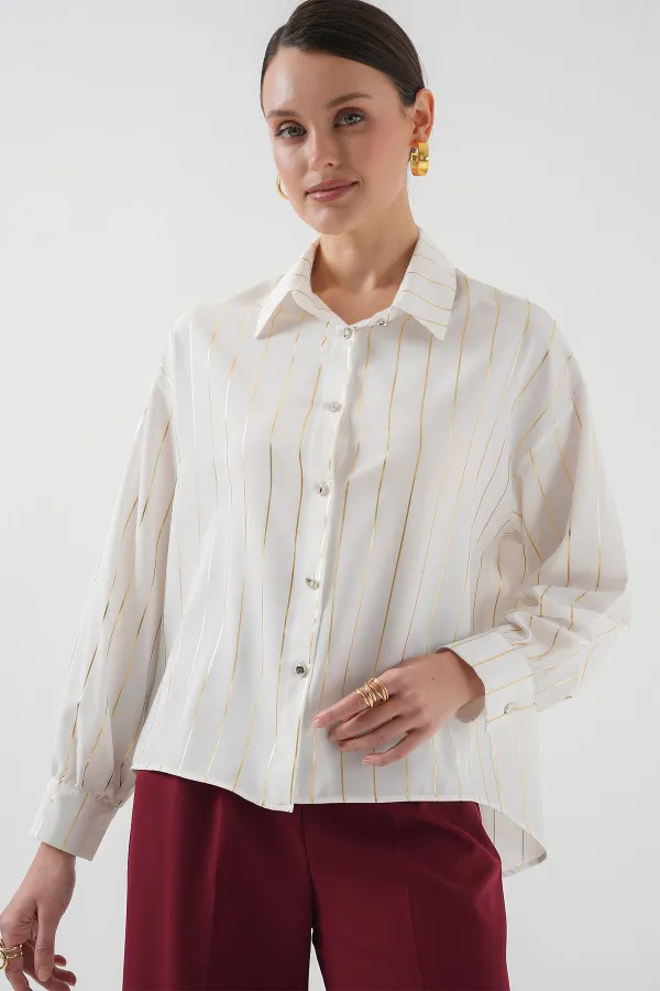 5924 Kadın Gold Çizgili Gömlek - C.Beyaz