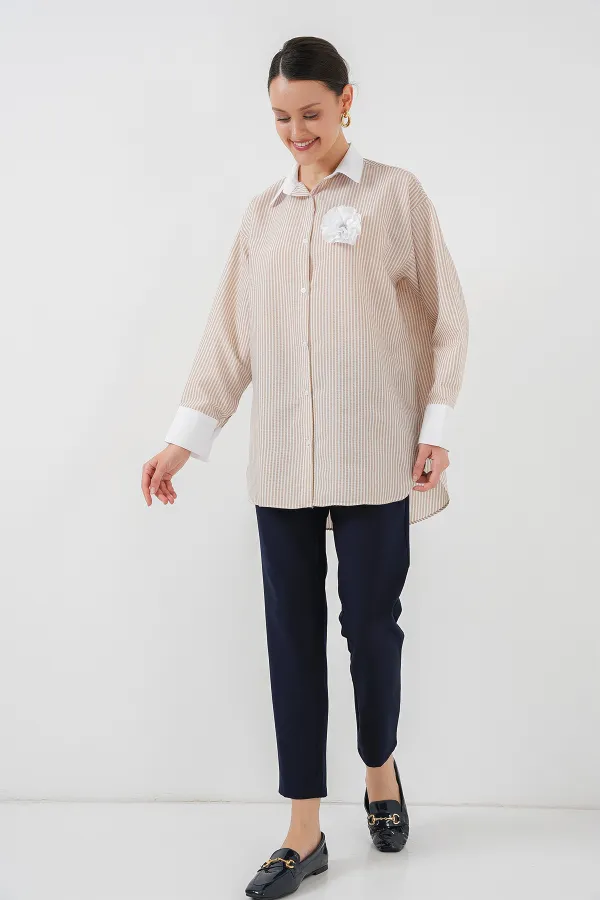 Kadın Uzun Çizgili Gömlek 5962 - Bej