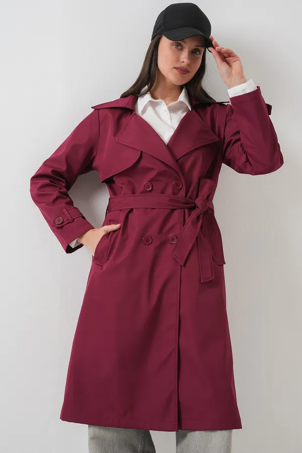 5918 Double-breasted Trench Coat - Claret Red
