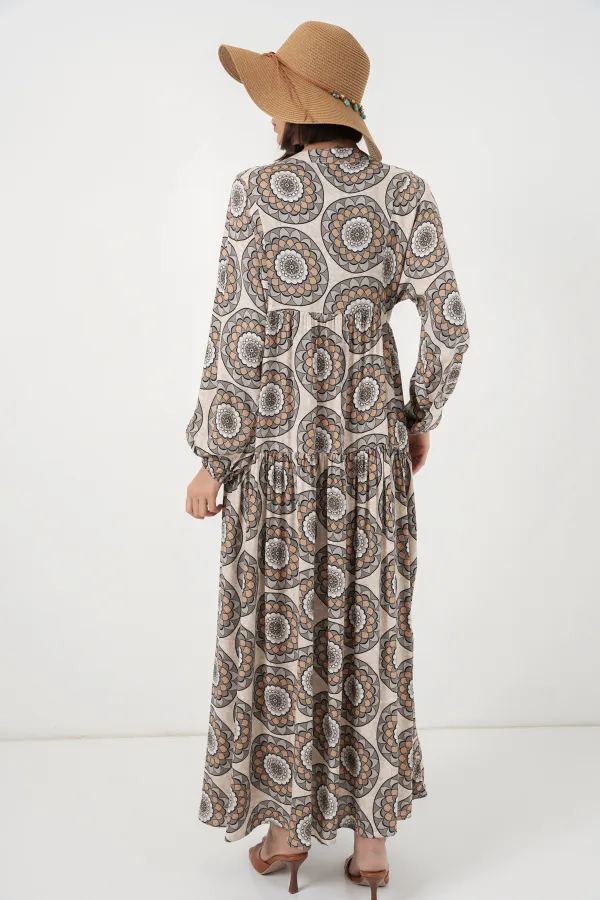 Robe longue hijab à motifs pour femme 2585 - Beige clair