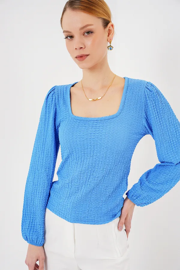 0442 Uzun Kollu Bluz - Saks