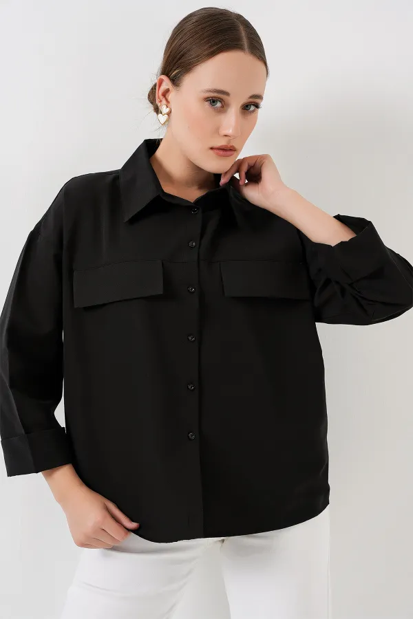 Women's Pocket Detailed Oversize Shirt 20313 - Black