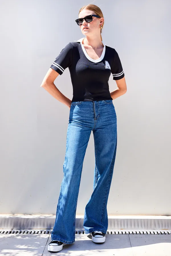 4320 Polo Yaka Basic Triko Bluz - Siyah