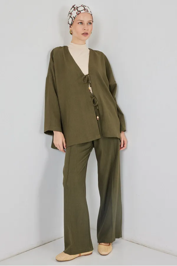 Kadın Keten Kimono İkili Takım 6727 - Haki