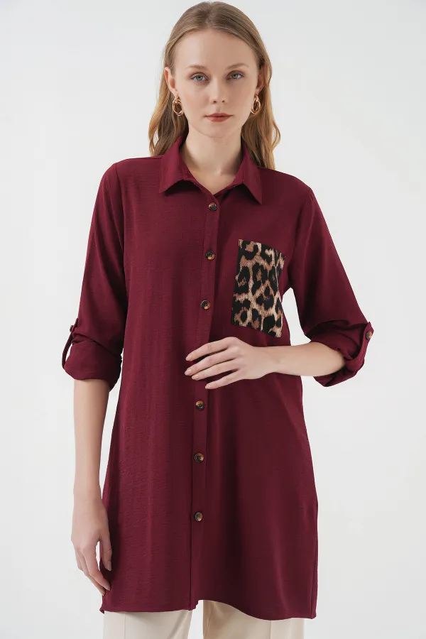 5851 Cep Detaylı Gömlek Tunik - Bordo