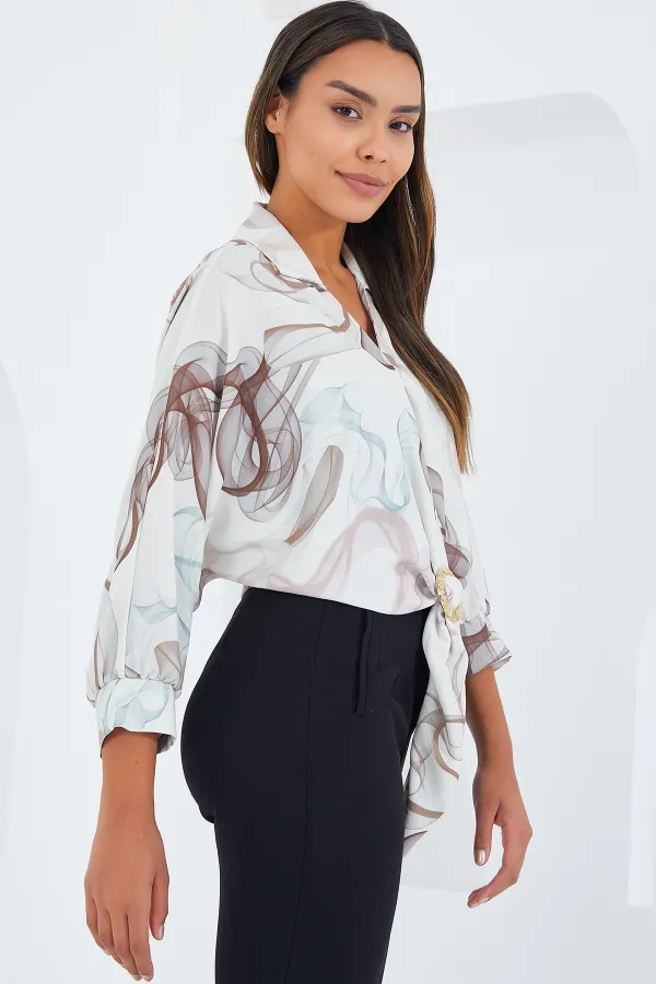 Women's Oversize Flowy Crop Satin Shirt 906 - Brown