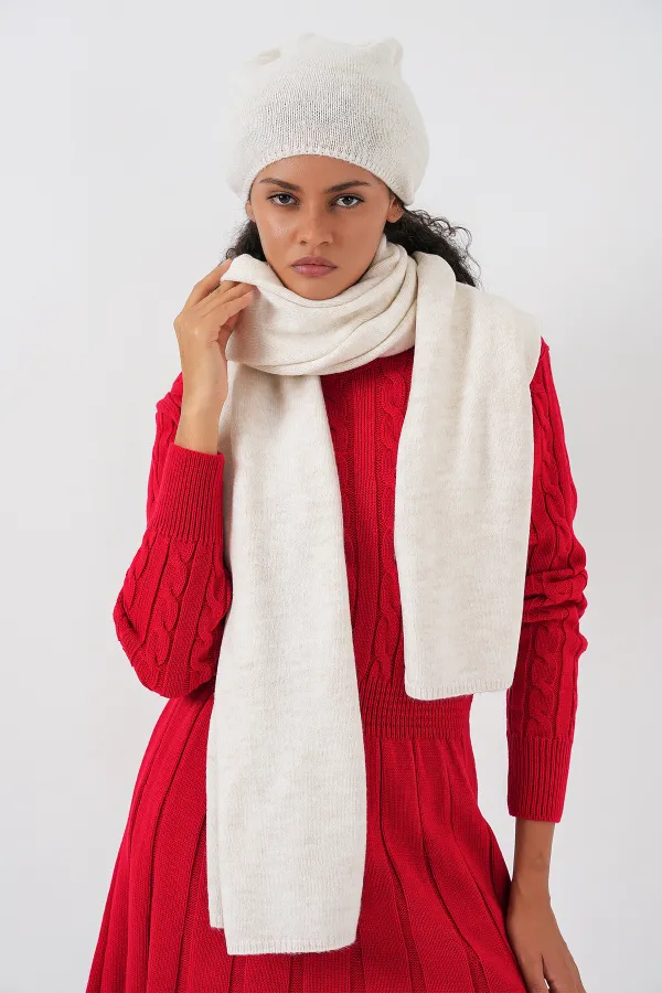 Écharpe et bonnet tricotés pour femme 15939 - Écru