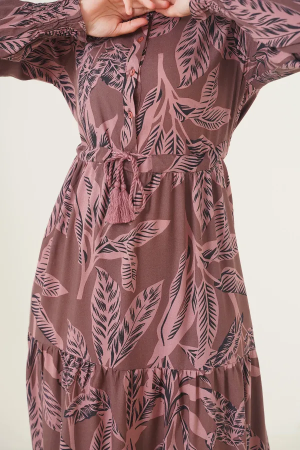 2145 Patterned Hijab Dress - Brown 2145 Patterned Hijab Dress - Brown
