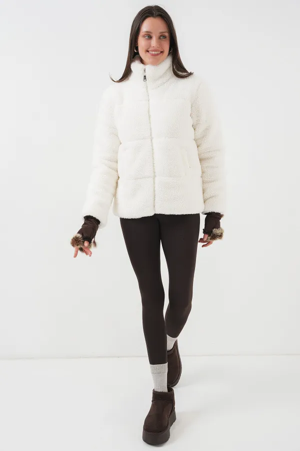 5178 Astarlı Peluş Mont - Beyaz