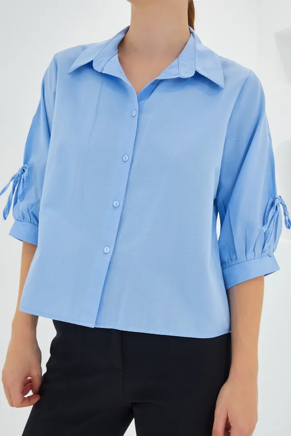 Women's Sleeve Detailed Blue Crop Shirt 20246