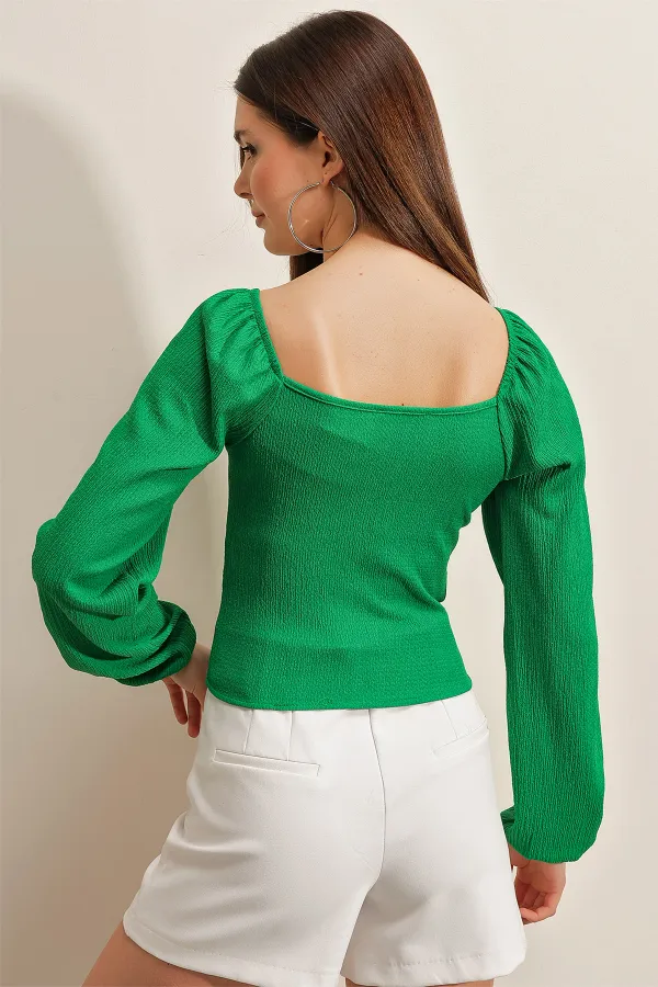 0465 Balloon Sleeve Knitted Blouse - Green
