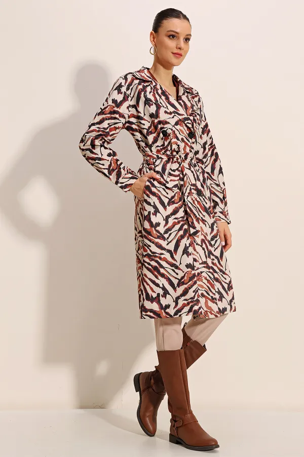 5853 Patterned Double-Breasted Trench Coat - C. Beige