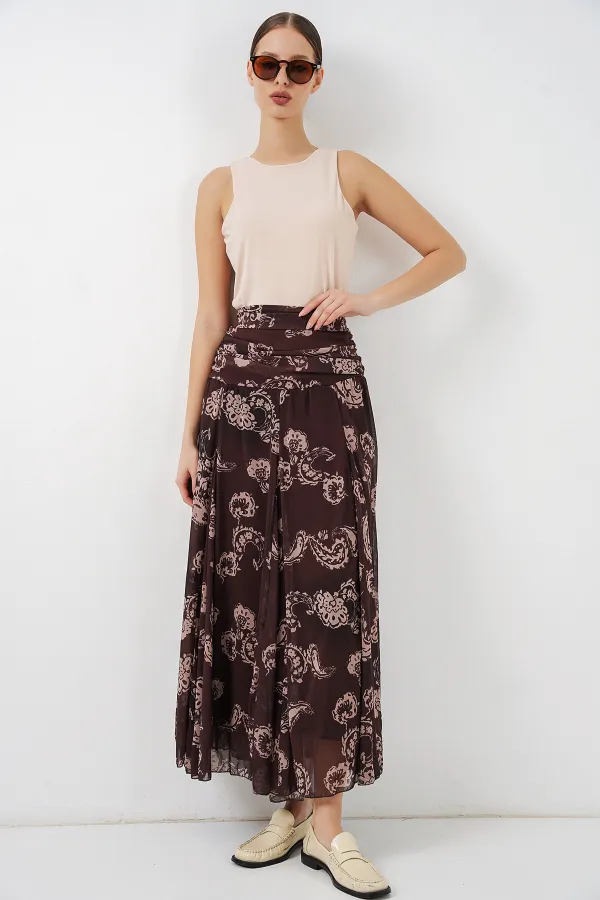Women's Patterned Chiffon Skirt 8057 - Brown
