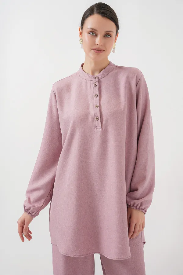 6678 Keten Tunik Pantolon İkili Takım - Gül Kurusu