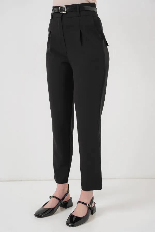 Kadın Pileli Kemerli Kumaş Pantolon 6725 - Siyah