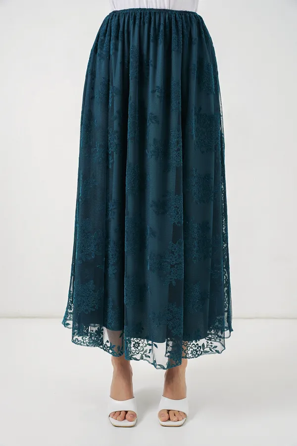 Jupe longue en tulle imprimé floqué pour femme 8070 - Pétrole