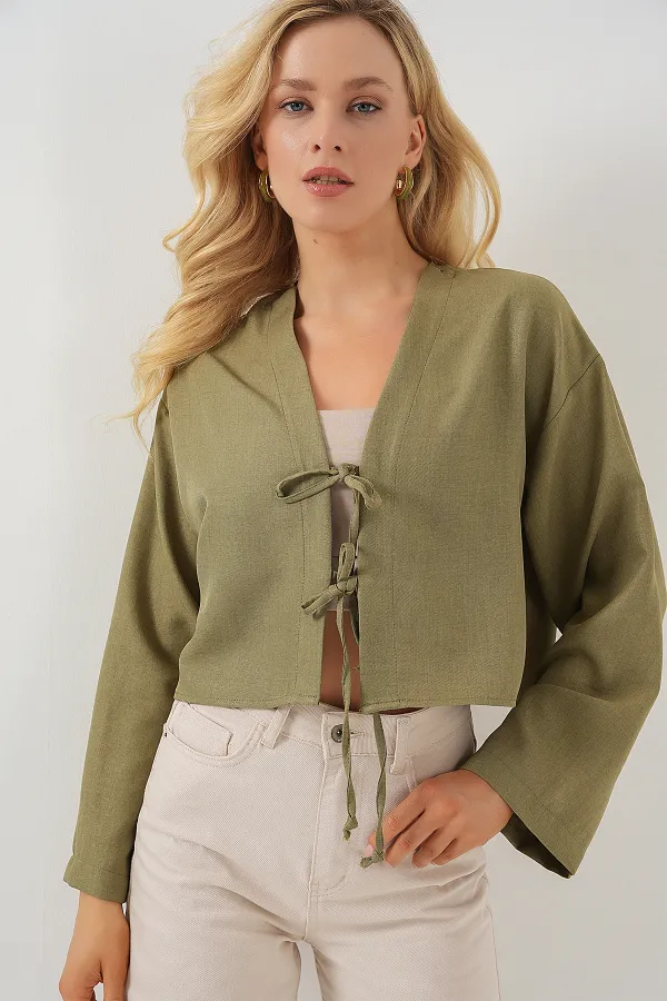 Önü Bağlamalı Keten Kimono 960 - Çağla