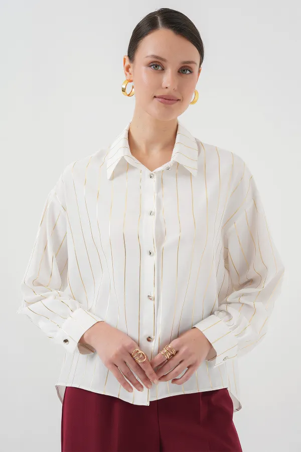 5924 Kadın Gold Çizgili Gömlek - C.Beyaz