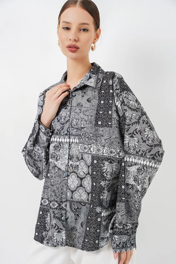 Women's Oversize Patterned Satin Shirt 20365 - Anthracite