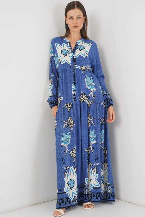 Robe longue hijab à motifs pour femme 2585 - Bleu foncé