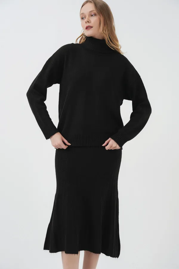 15892 Sweater Skirt Knitwear Two Piece Set - Black