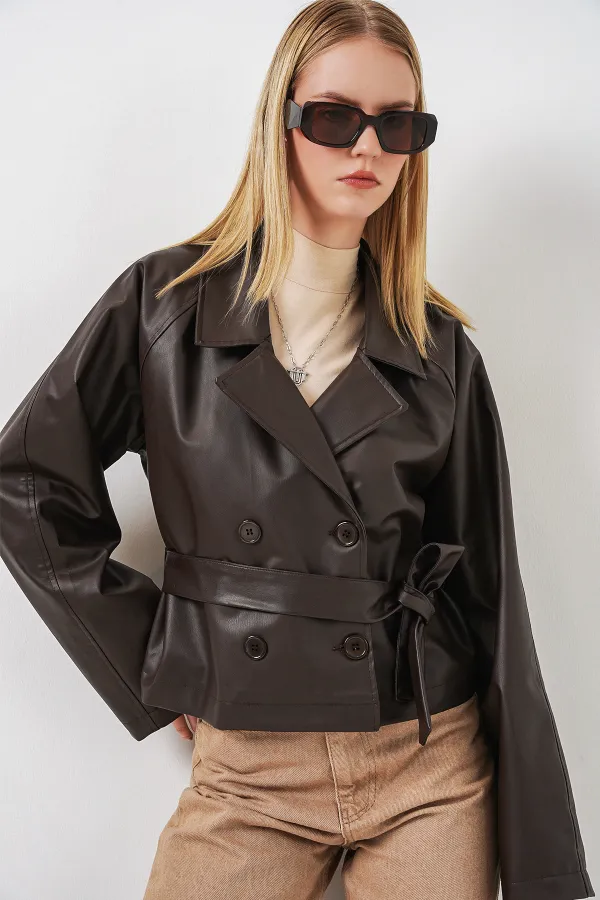 Kadin Kısa Suni Deri Ceket 1058 - Kahverengi