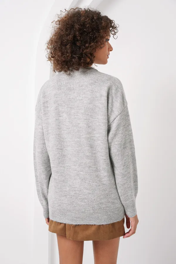 15895 Baklava Pattern Oversize Knit Sweater - Grey