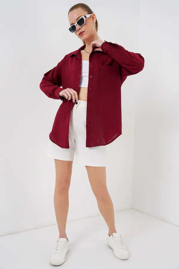 20153 Tek Cepli Oversize Keten Gömlek - Bordo 20153 Tek Cepli Oversize Keten Gömlek - Bordo
