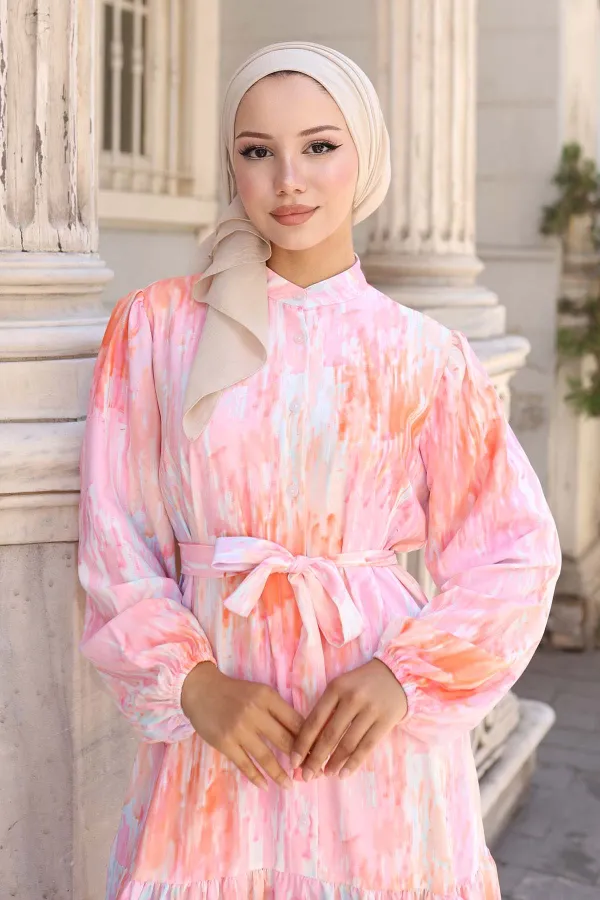 Kadın Desenli Uzun Tesettür Elbise 2586 - Pembe