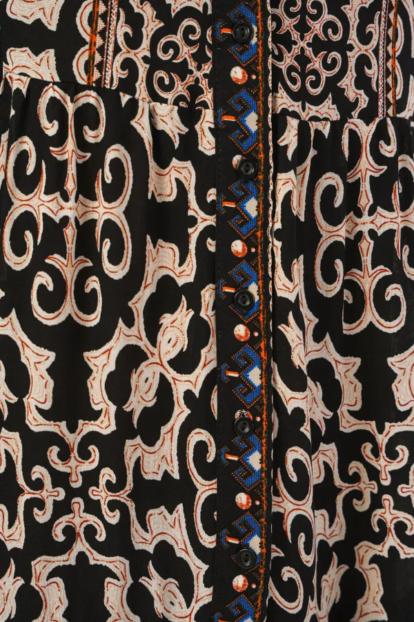 Kadın Desenli Uzun Tesettür Elbise 2585 - C.Siyah