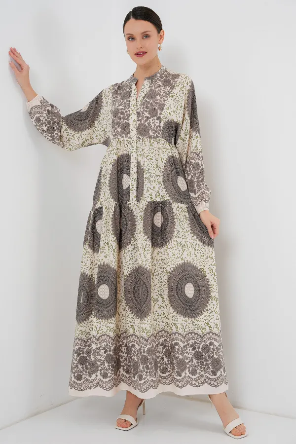 2423 Authentic Patterned Hijab Dress - F.KAHVE