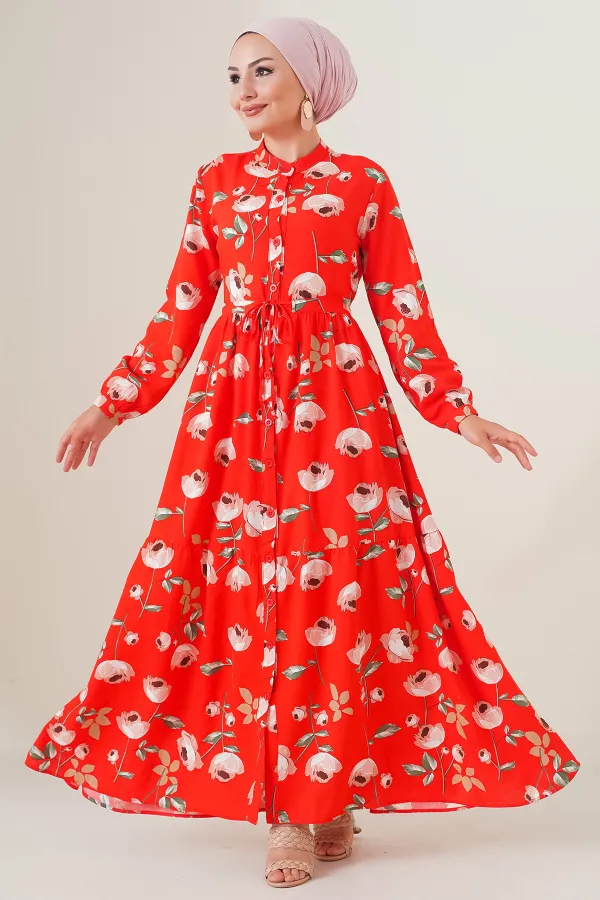 2144 Hakim Yaka Tesettür Elbise - C.Kırmızı