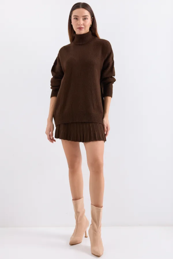 15891 Sweater Skirt Knitwear Two Piece Set - Brown