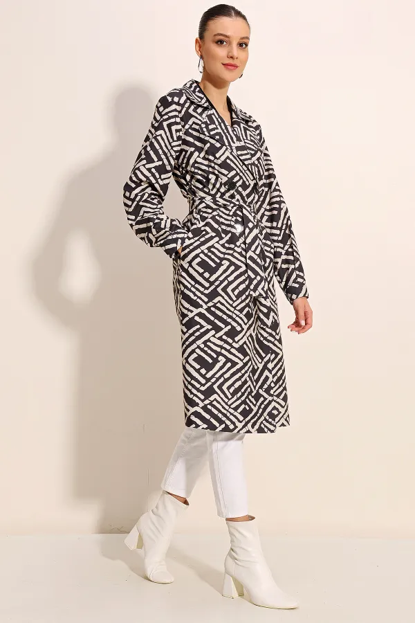 5853 Patterned Double-Breasted Trench Coat - C. Black
