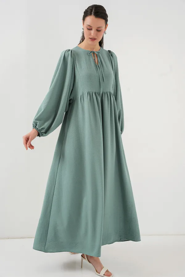 Women's Balloon Sleeve Long Hijab Dress 2464 - Çağla