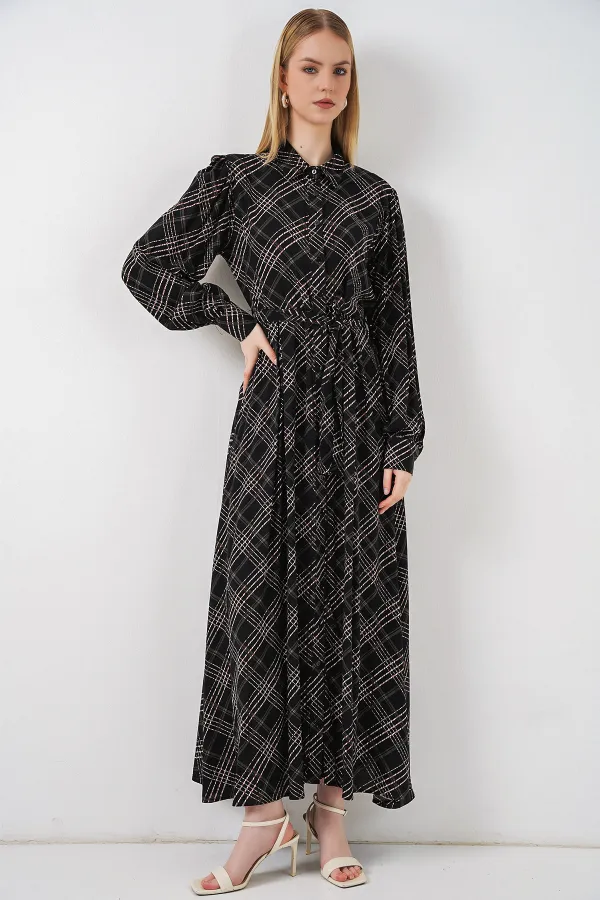 Kadın Boydan Düğmeli Uzun Tesettür Elbise 2588 - D. Siyah