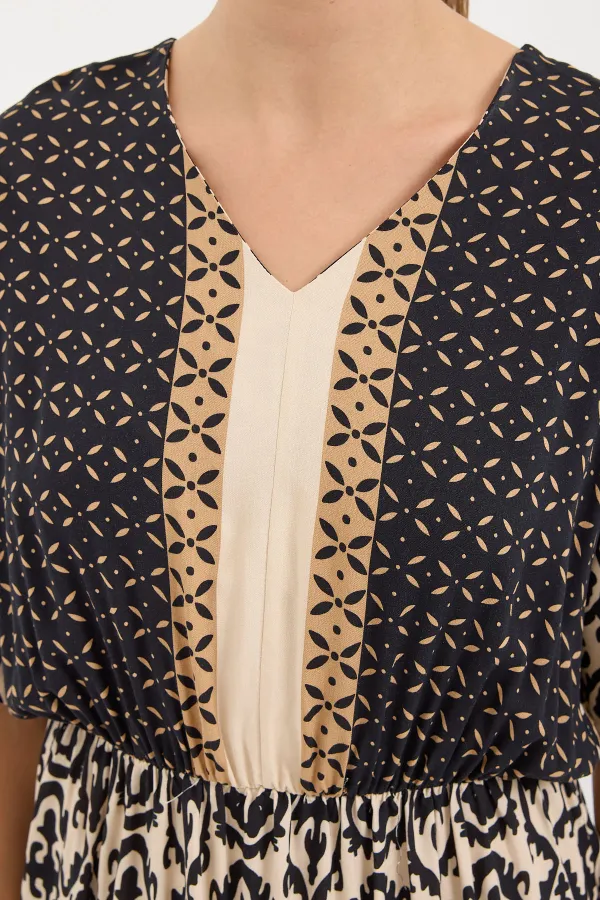 2517 Patterned Short Sleeve Viscose Dress - Black