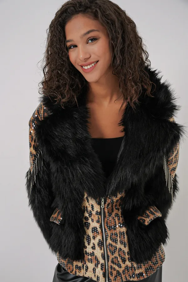 Manteau en fourrure pelucheuse 5209 - Noir