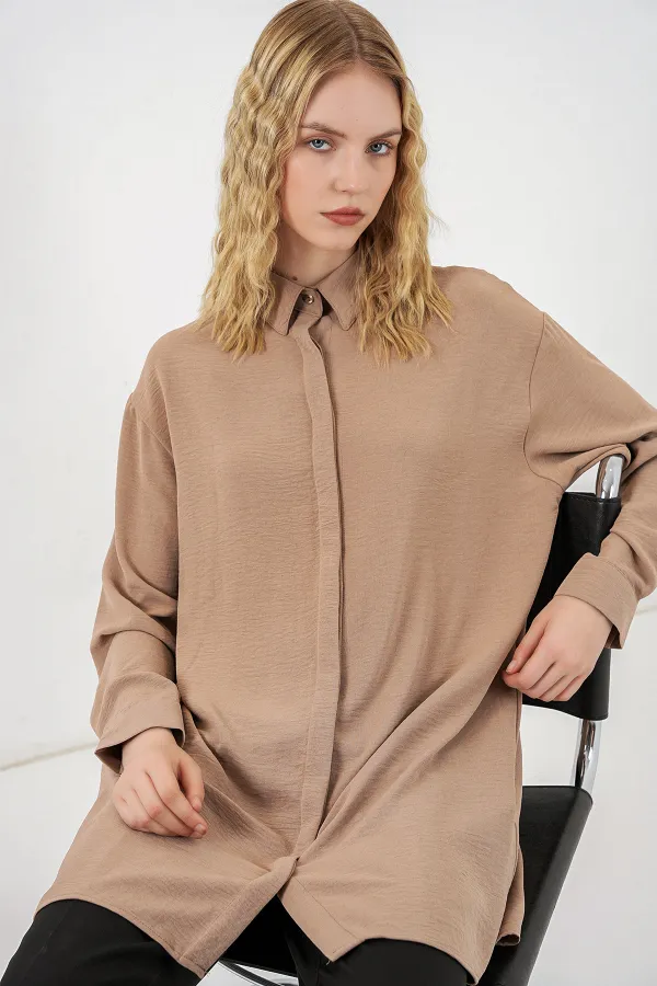 Women's Long Shirt Tunic 5945 - Stone Women's Long Shirt Tunic 5945 - Stone