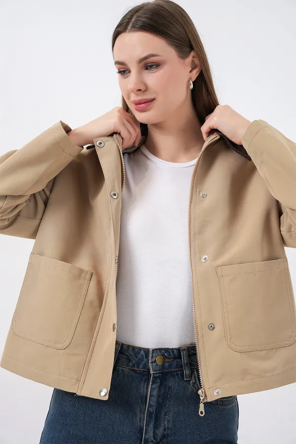 Kadın Cep Detaylı Kısa Ceket 5975 - Bisküvi