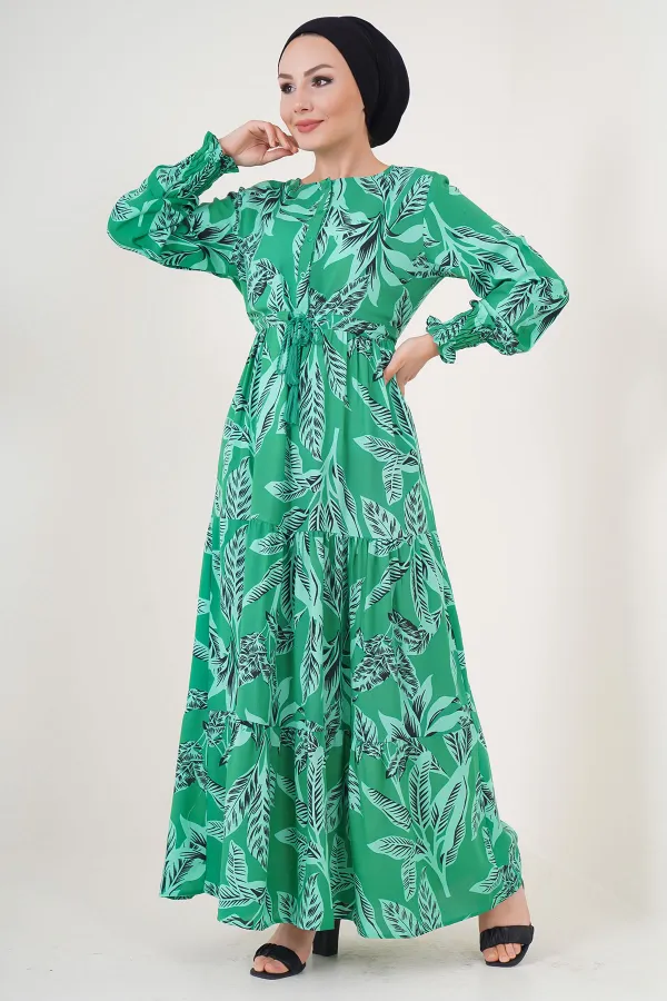 2145 Desenli Tesettür Elbise - Yeşil